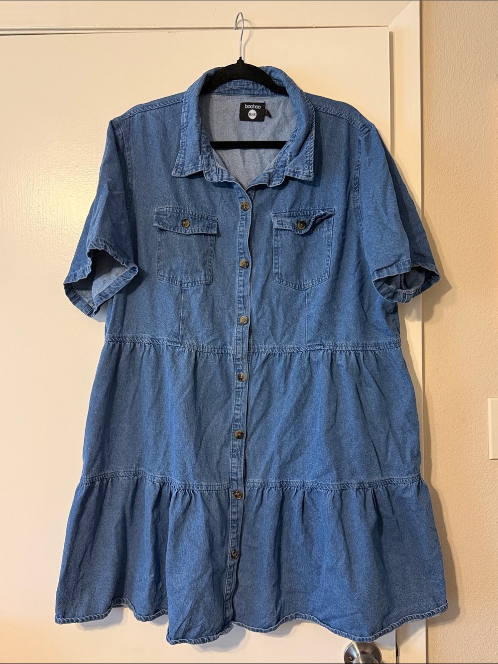 Boohoo Blue Denim Tiered Button-Front Mini Dress